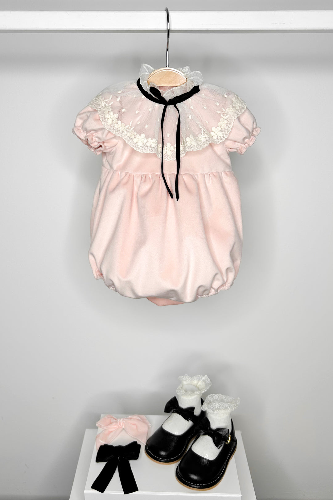 "Vivienne" Pink Velvet Lace Romper