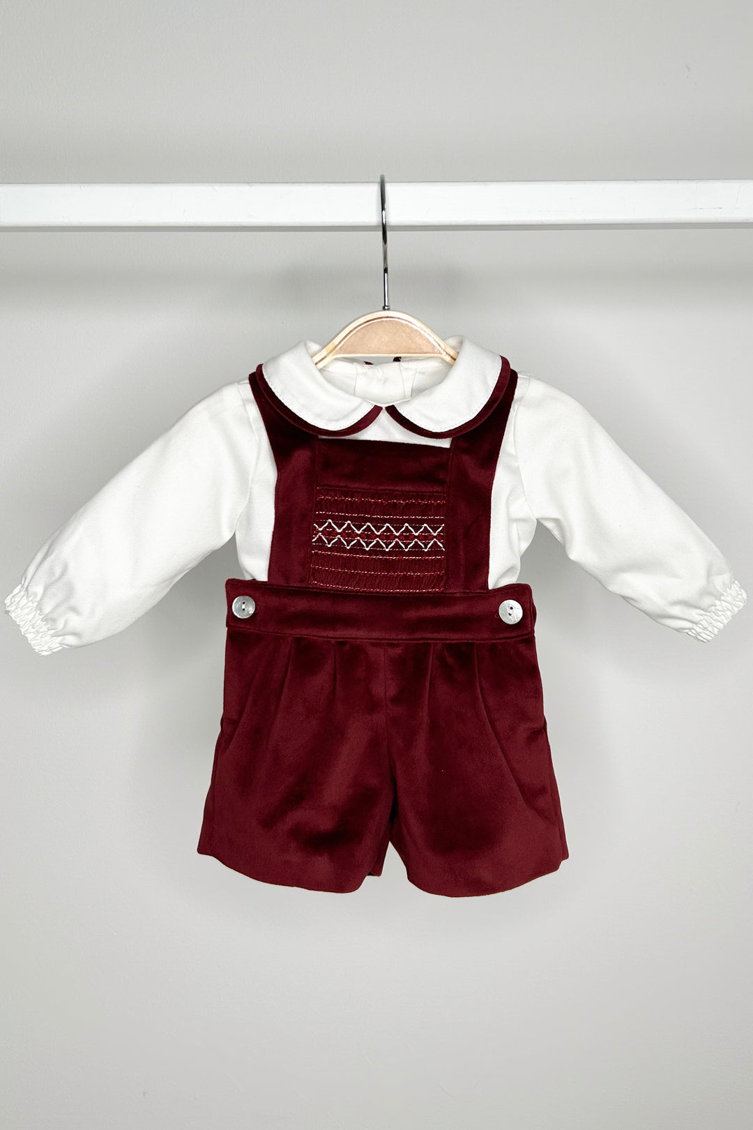 "Francis" Burgundy Velvet Smocked Dungaree Set