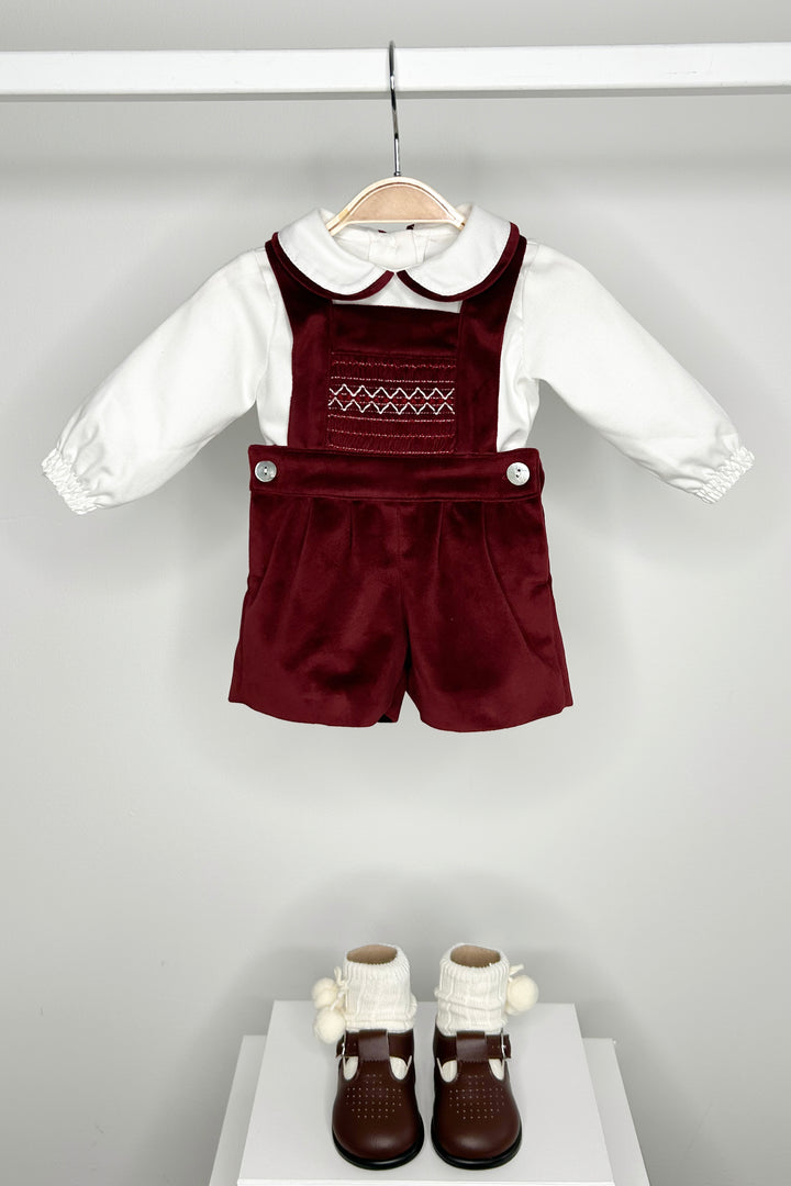 "Francis" Burgundy Velvet Smocked Dungaree Set