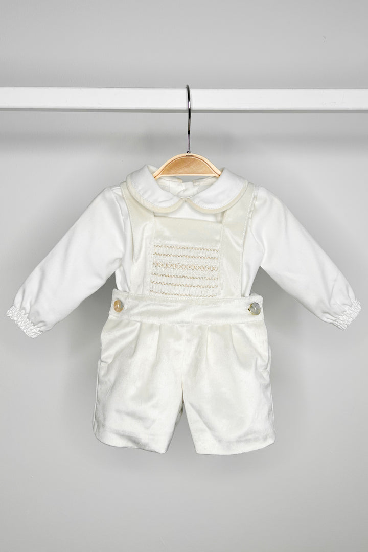 "Francis" Ivory Velvet Smocked Dungaree Set