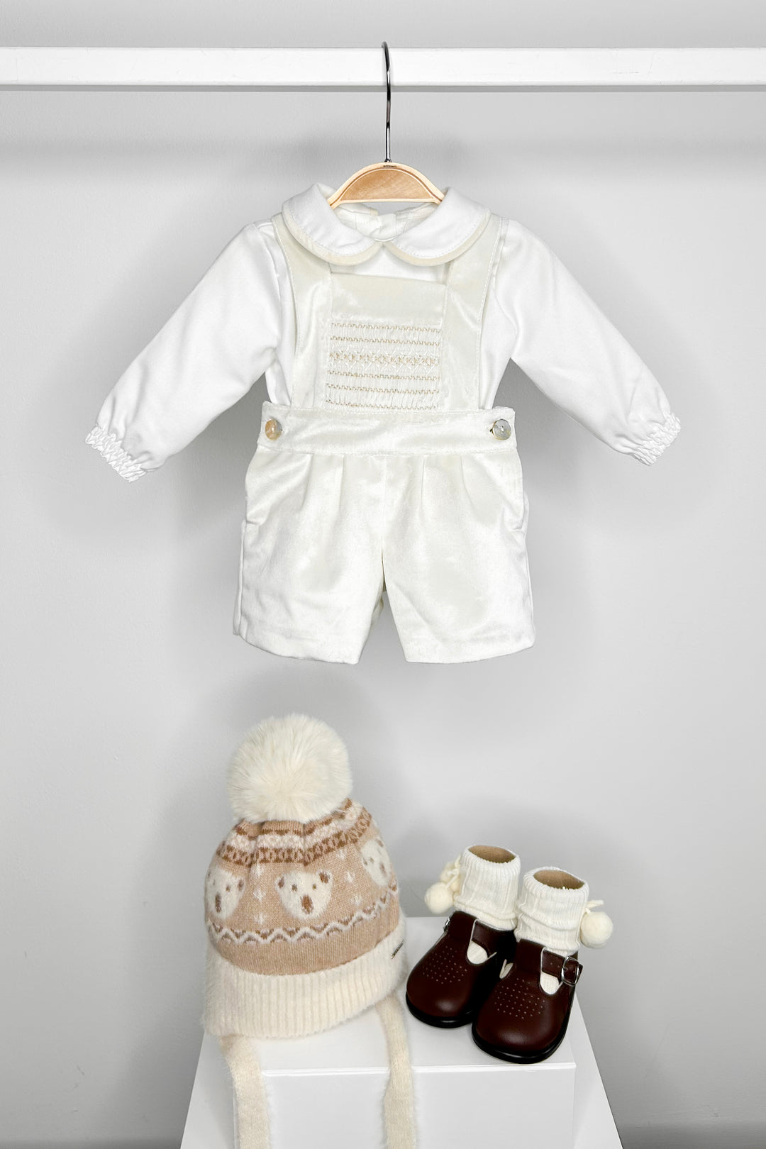 "Francis" Ivory Velvet Smocked Dungaree Set