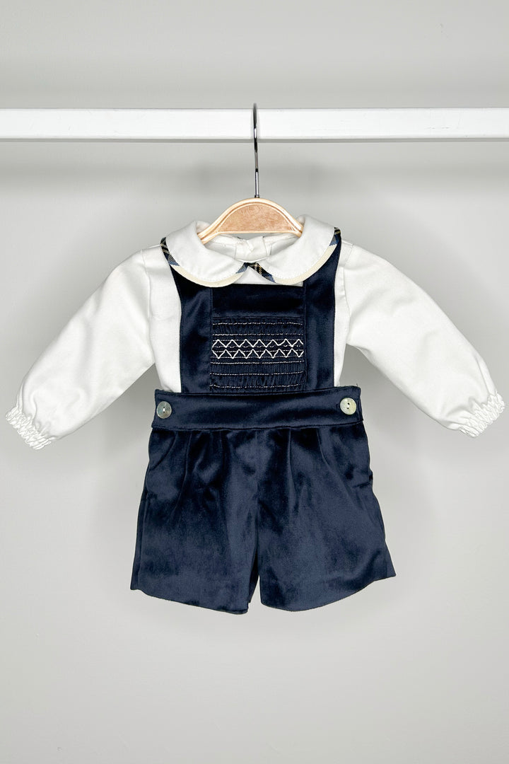 "Francis" Navy Velvet Smocked Dungaree Set