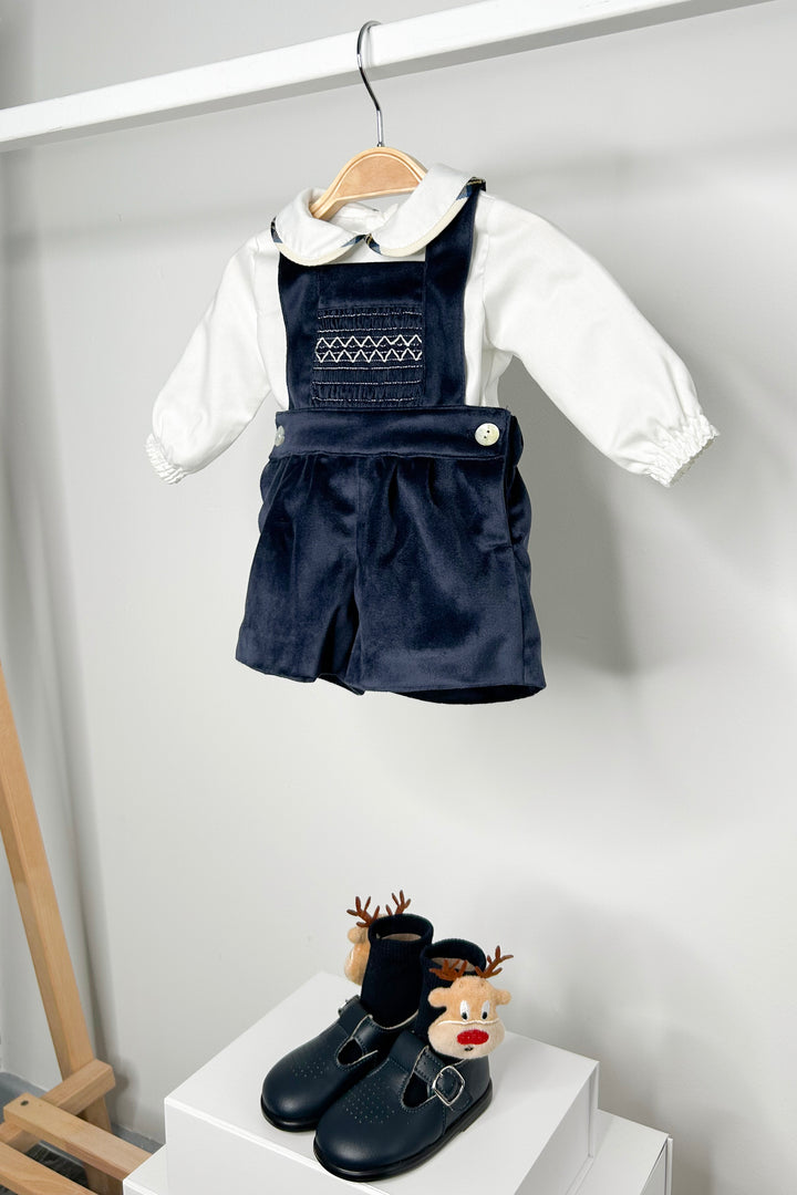 "Francis" Navy Velvet Smocked Dungaree Set