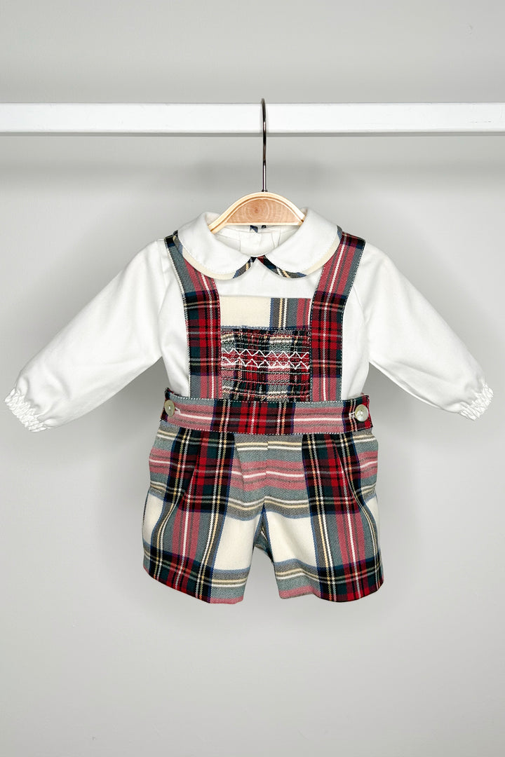 "Francis" Red Tartan Smocked Dungaree Set