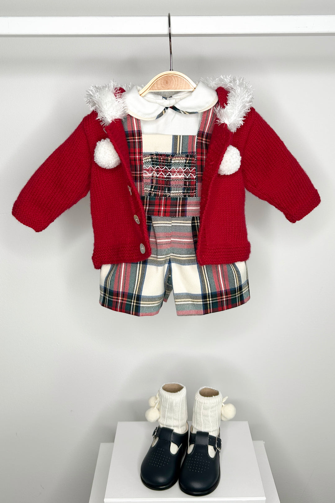 "Francis" Red Tartan Smocked Dungaree Set