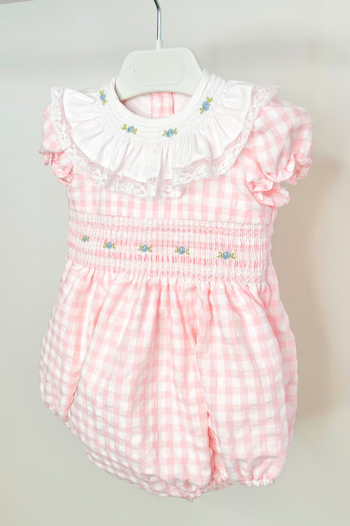 "Lily" Pink Gingham Smocked Romper