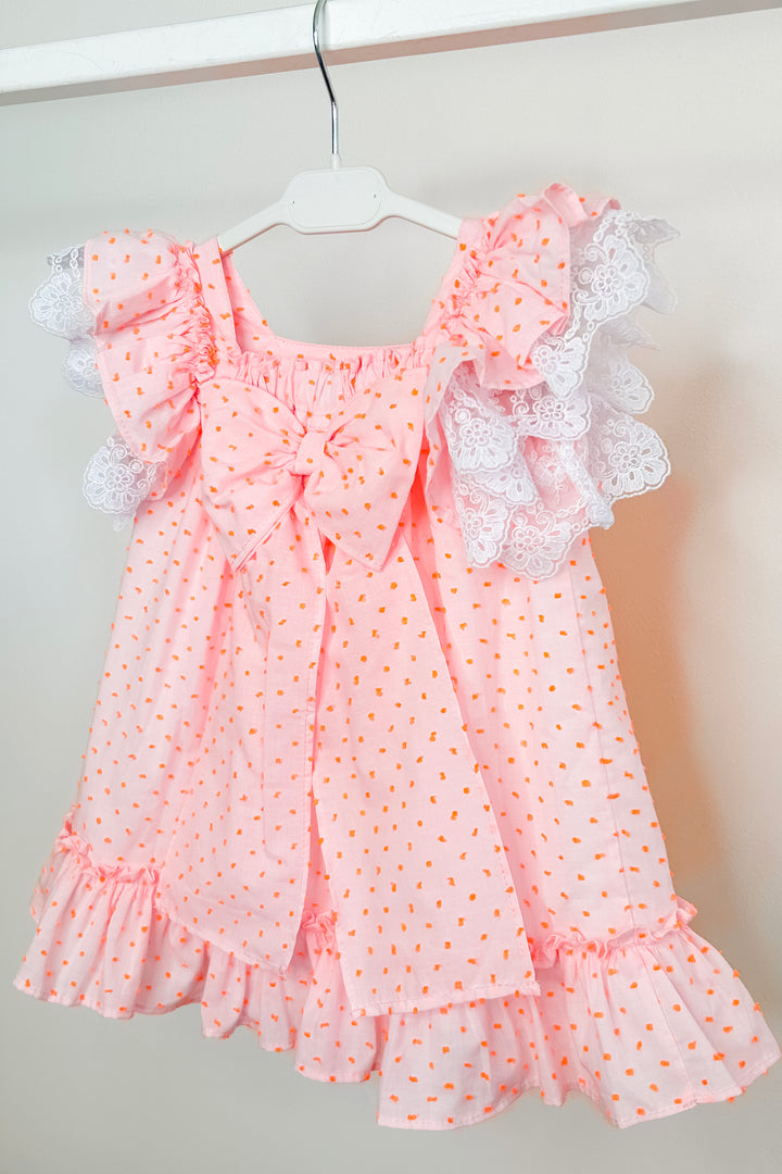 "Betsy" Pink & Neon Orange Plumeti Dot Bow Dress