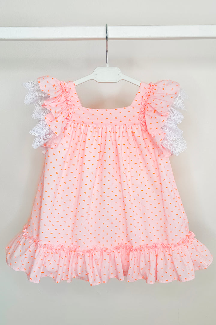 "Betsy" Pink & Neon Orange Plumeti Dot Bow Dress