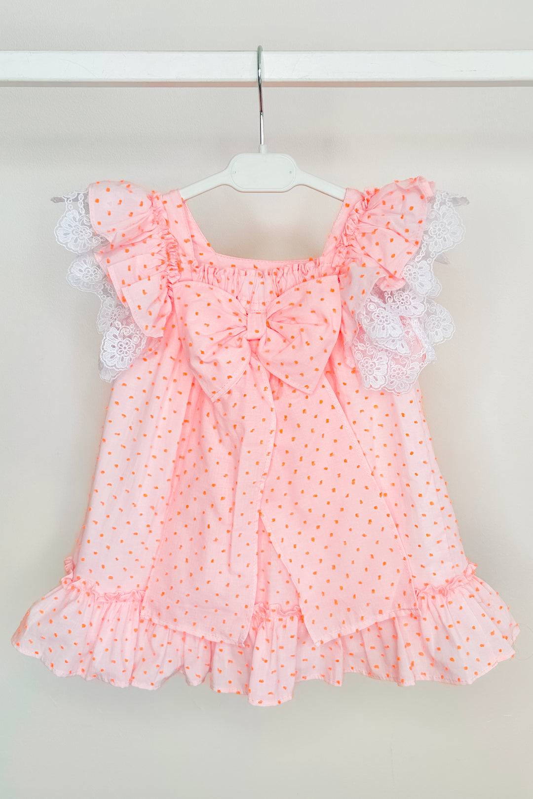 "Betsy" Pink & Neon Orange Plumeti Dot Bow Dress