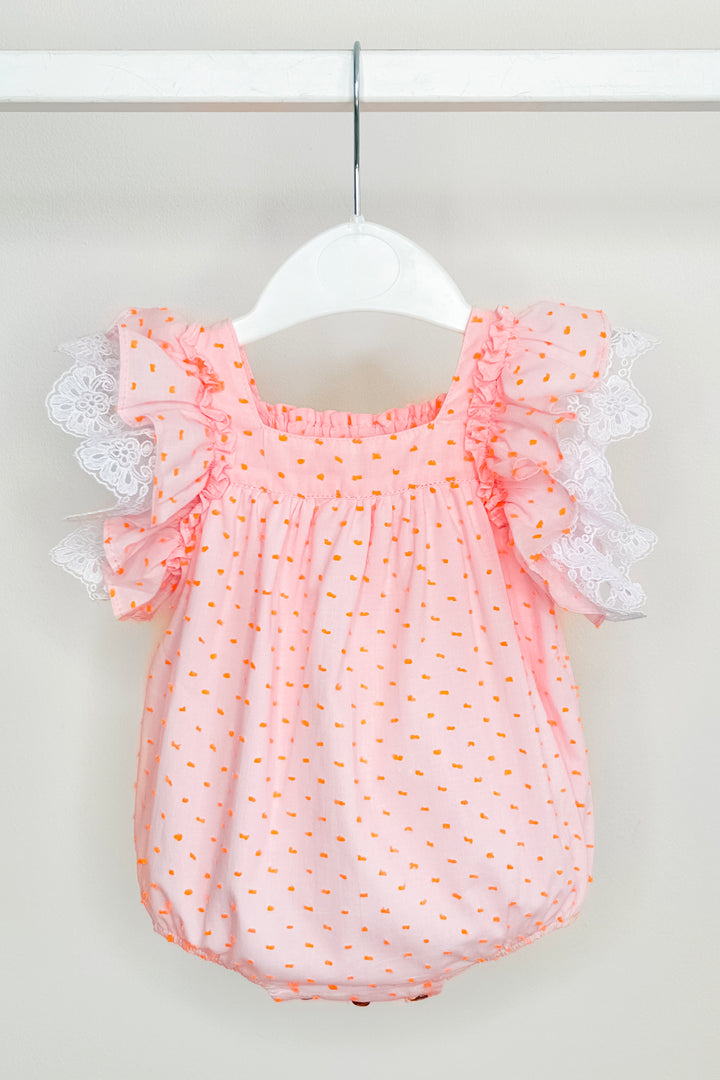 "Lilya" Pink & Neon Orange Plumeti Dot Bow Romper