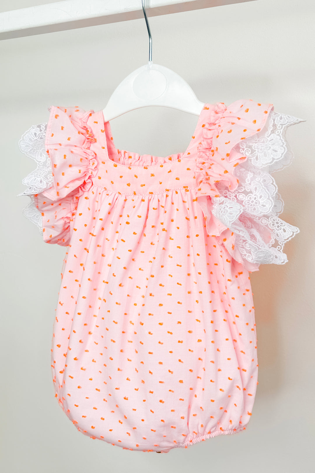 "Lilya" Pink & Neon Orange Plumeti Dot Bow Romper