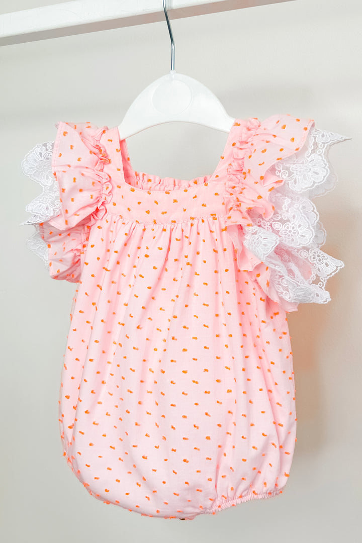 "Lilya" Pink & Neon Orange Plumeti Dot Bow Romper
