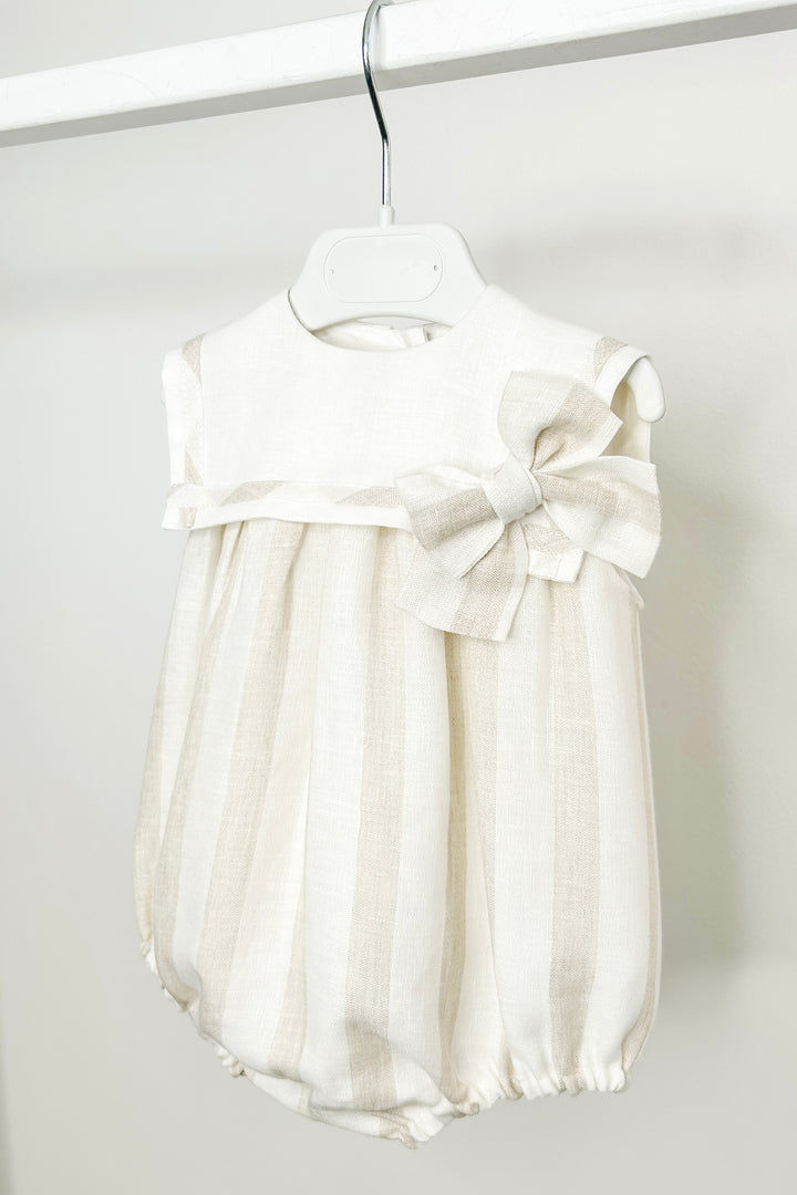 "Elise" Ivory & Beige Striped Bow Sailor Romper