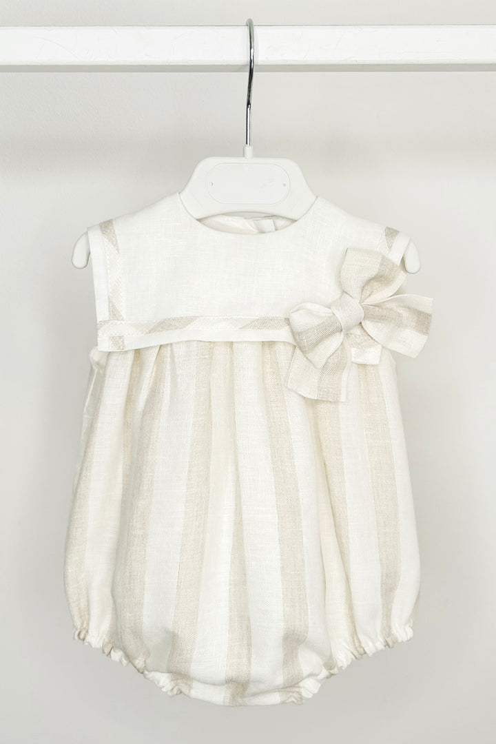 "Elise" Ivory & Beige Striped Bow Sailor Romper
