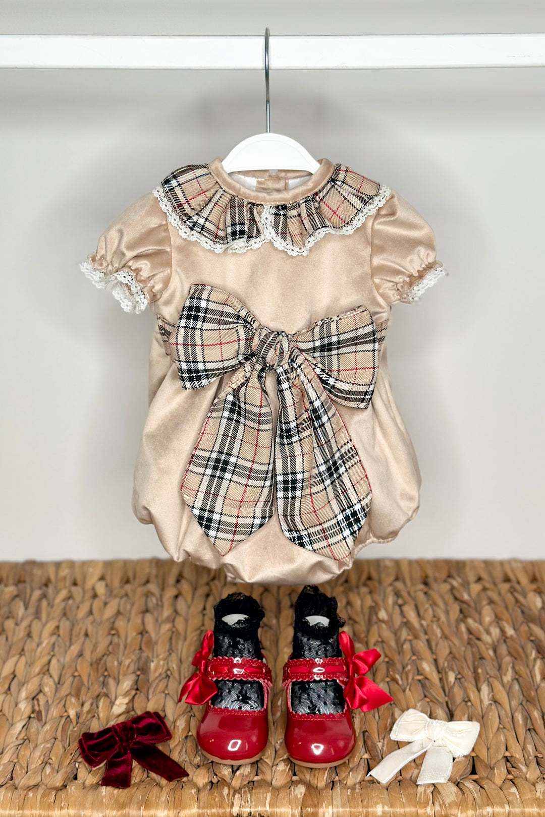 "Adelina" Beige Tartan Velvet Romper