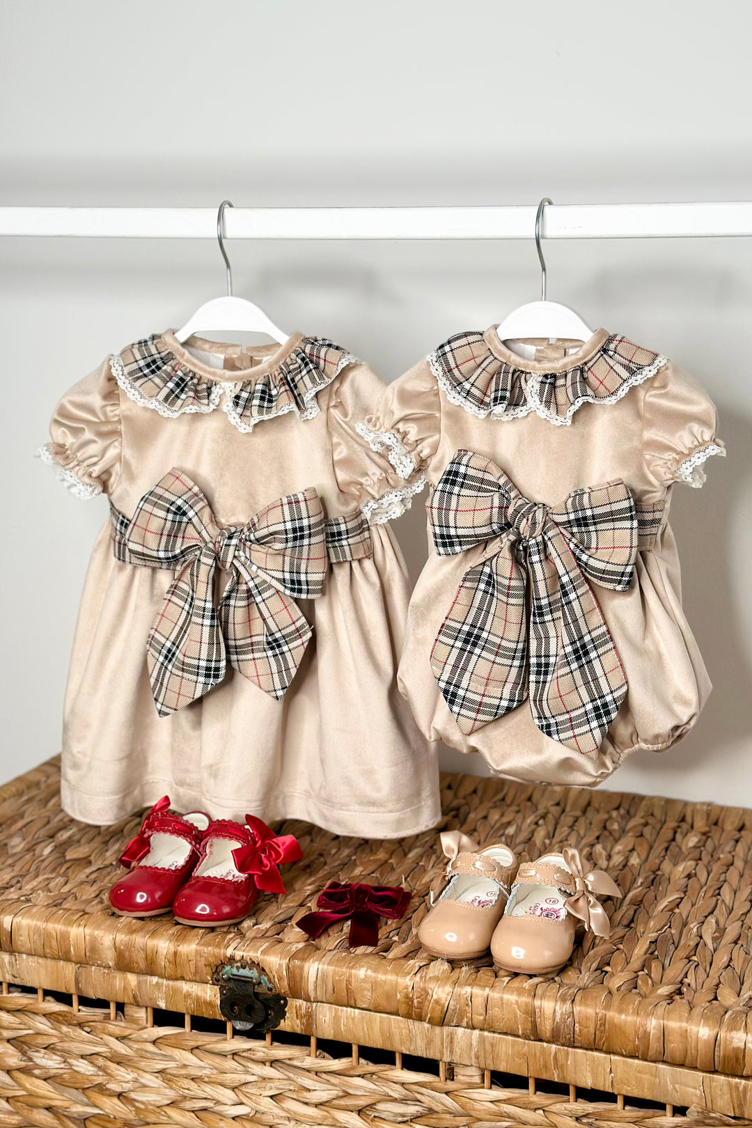 "Adelina" Beige Tartan Velvet Romper