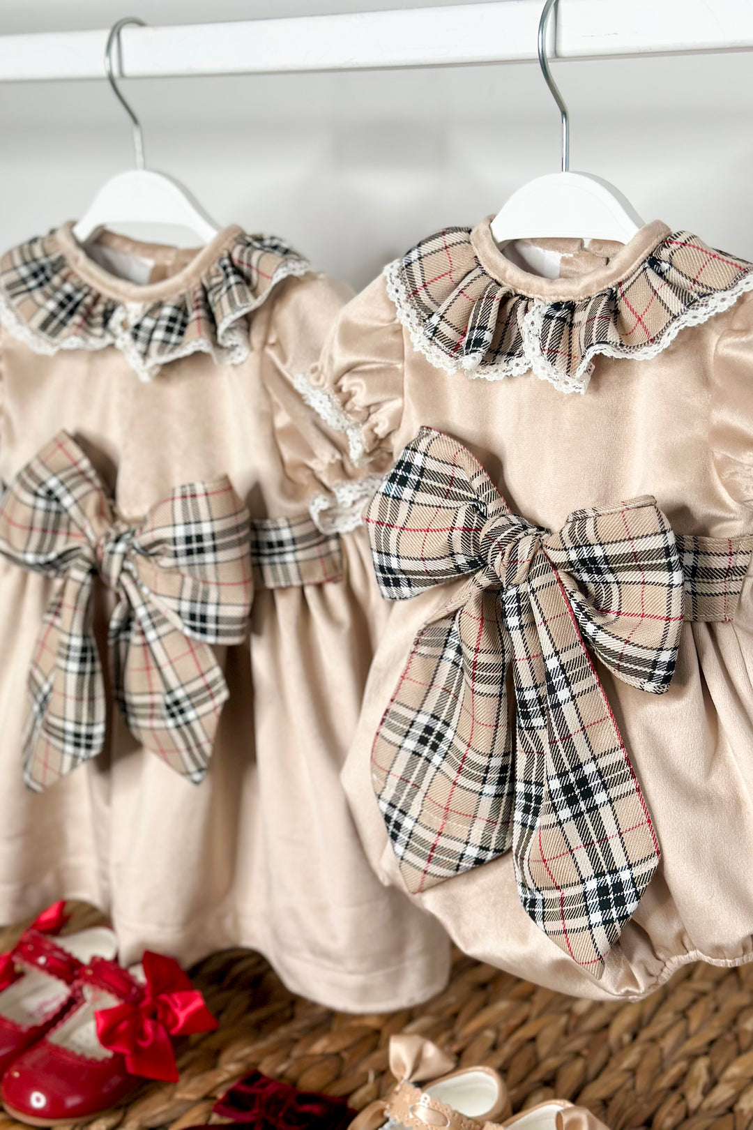 "Adelina" Beige Tartan Velvet Romper