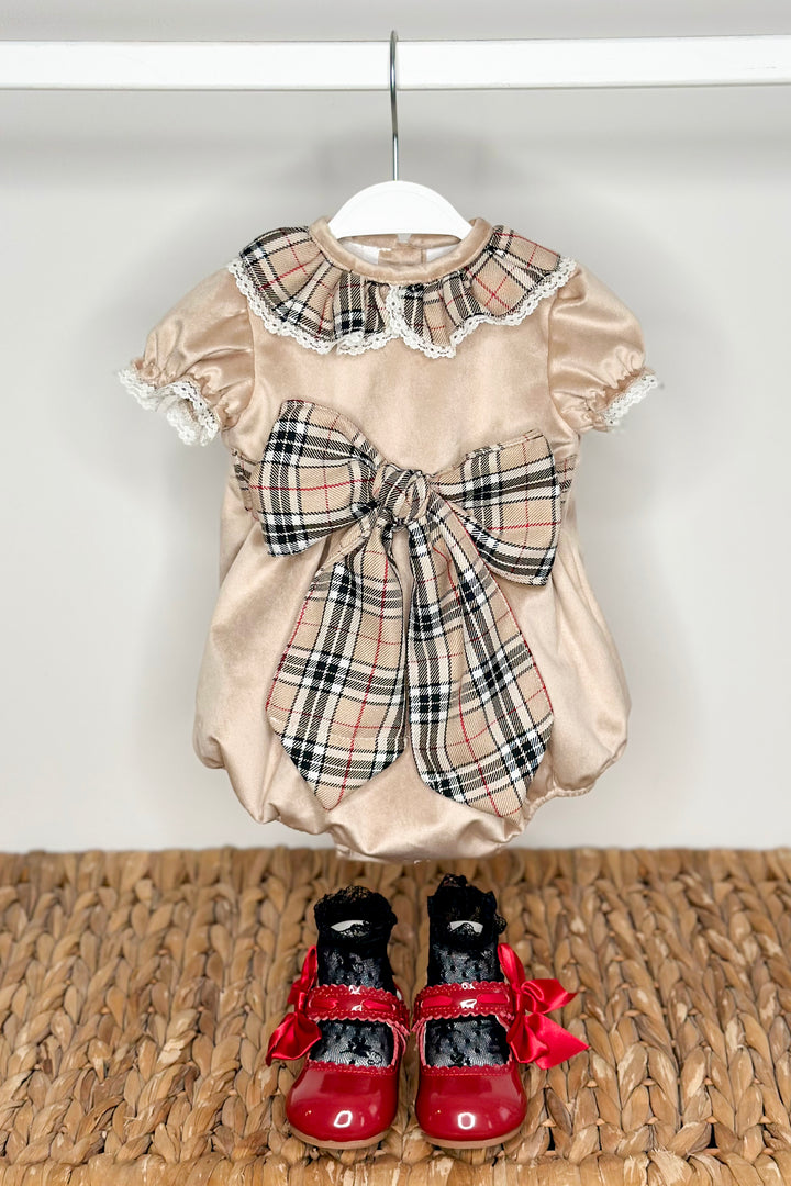 "Adelina" Beige Tartan Velvet Romper