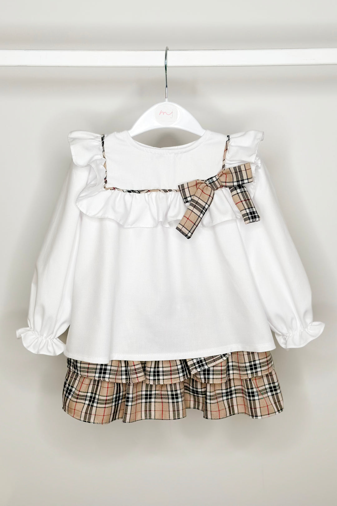 "Hope" Beige Tartan Blouse & Skirt