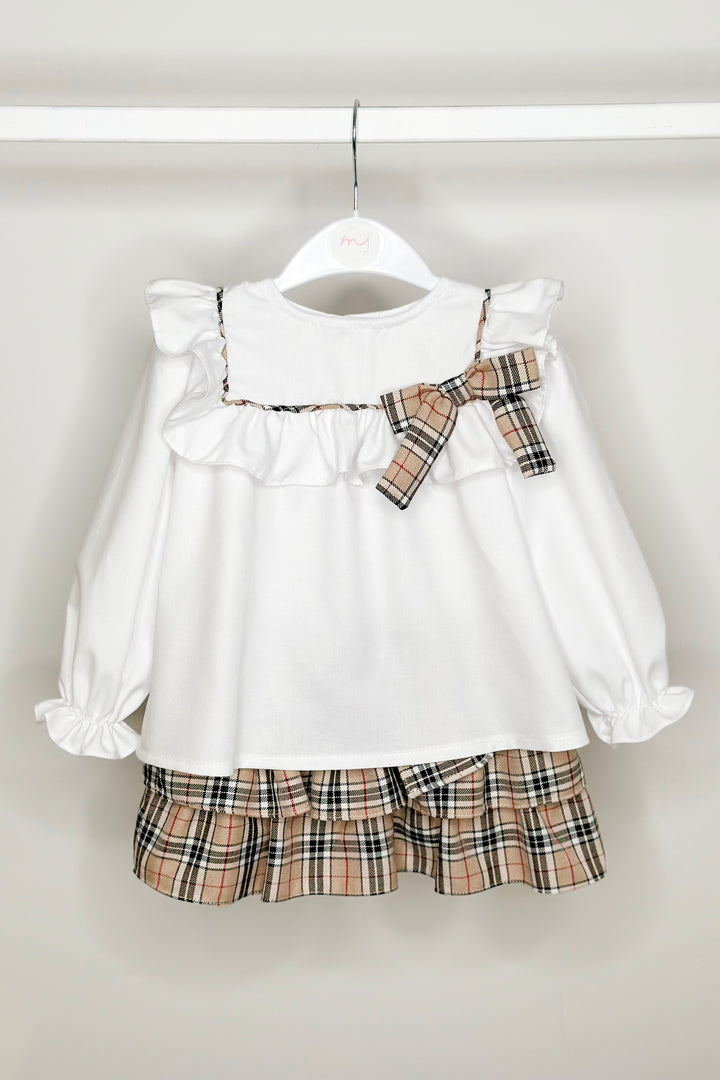 "Hope" Beige Tartan Blouse & Skirt