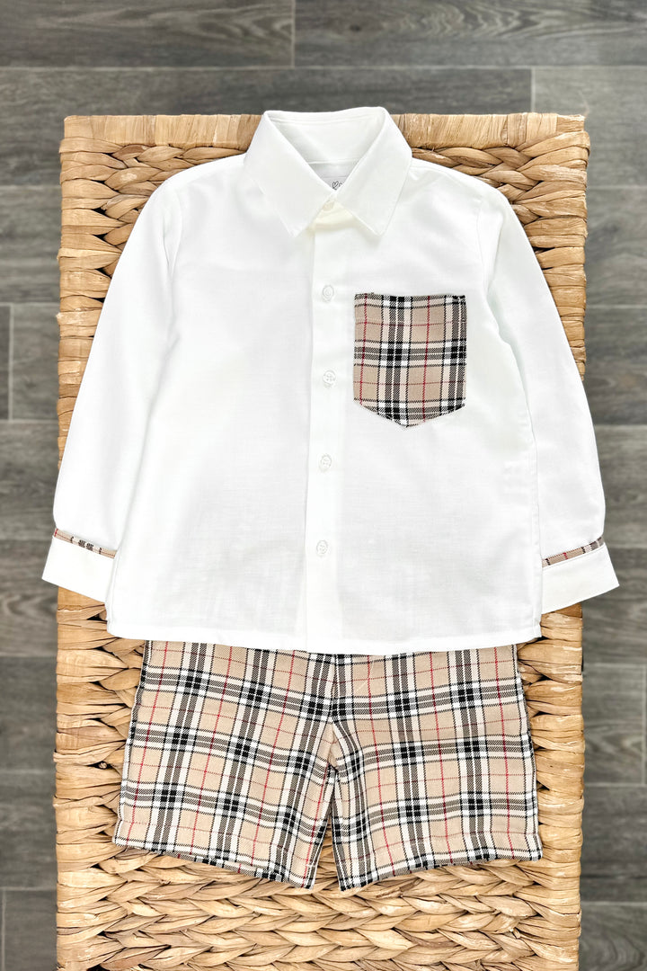 "Atticus" Beige Tartan Shirt & Shorts