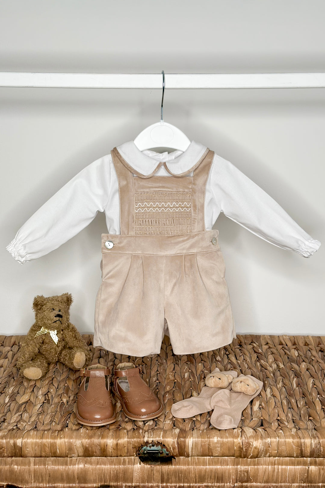 "Francis" Beige Velvet Smocked Dungaree Set