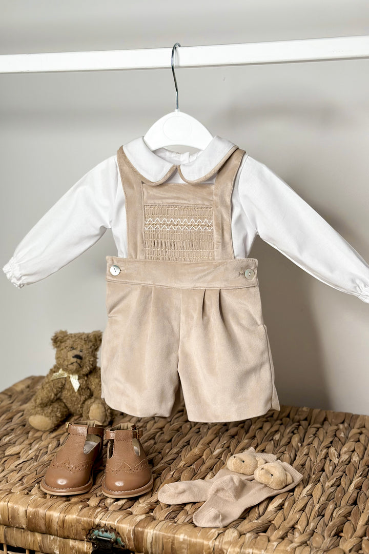 "Francis" Beige Velvet Smocked Dungaree Set