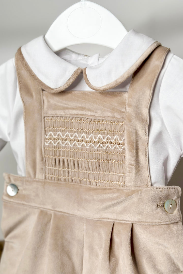 "Francis" Beige Velvet Smocked Dungaree Set