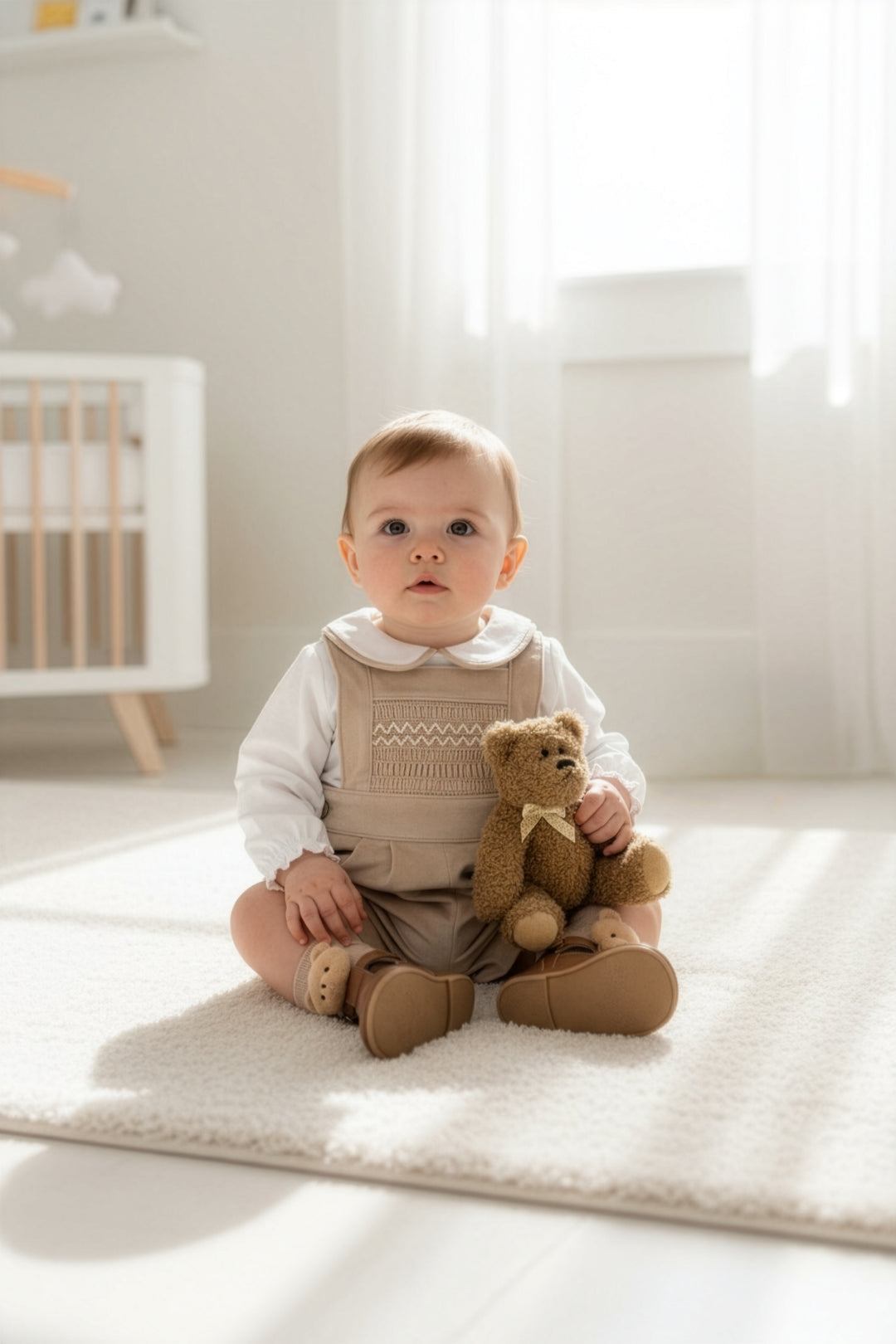 "Francis" Beige Velvet Smocked Dungaree Set