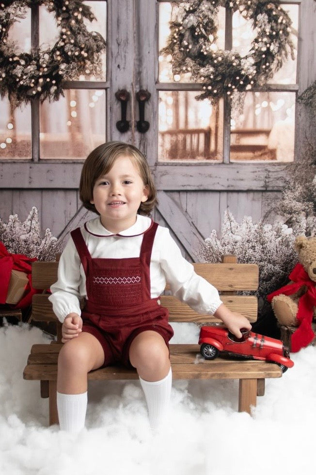 "Francis" Burgundy Velvet Smocked Dungaree Set