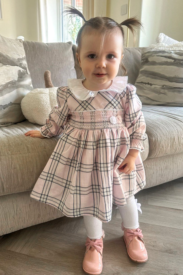 "Haven" Pale Pink Tartan Smocked Dress