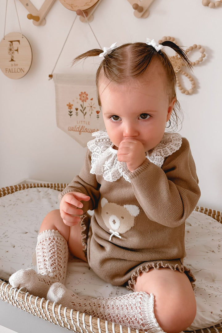 "Honey" Caramel Brown Knit Bear Romper