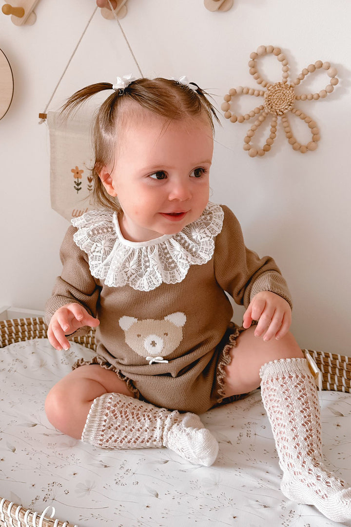 "Honey" Caramel Brown Knit Bear Romper