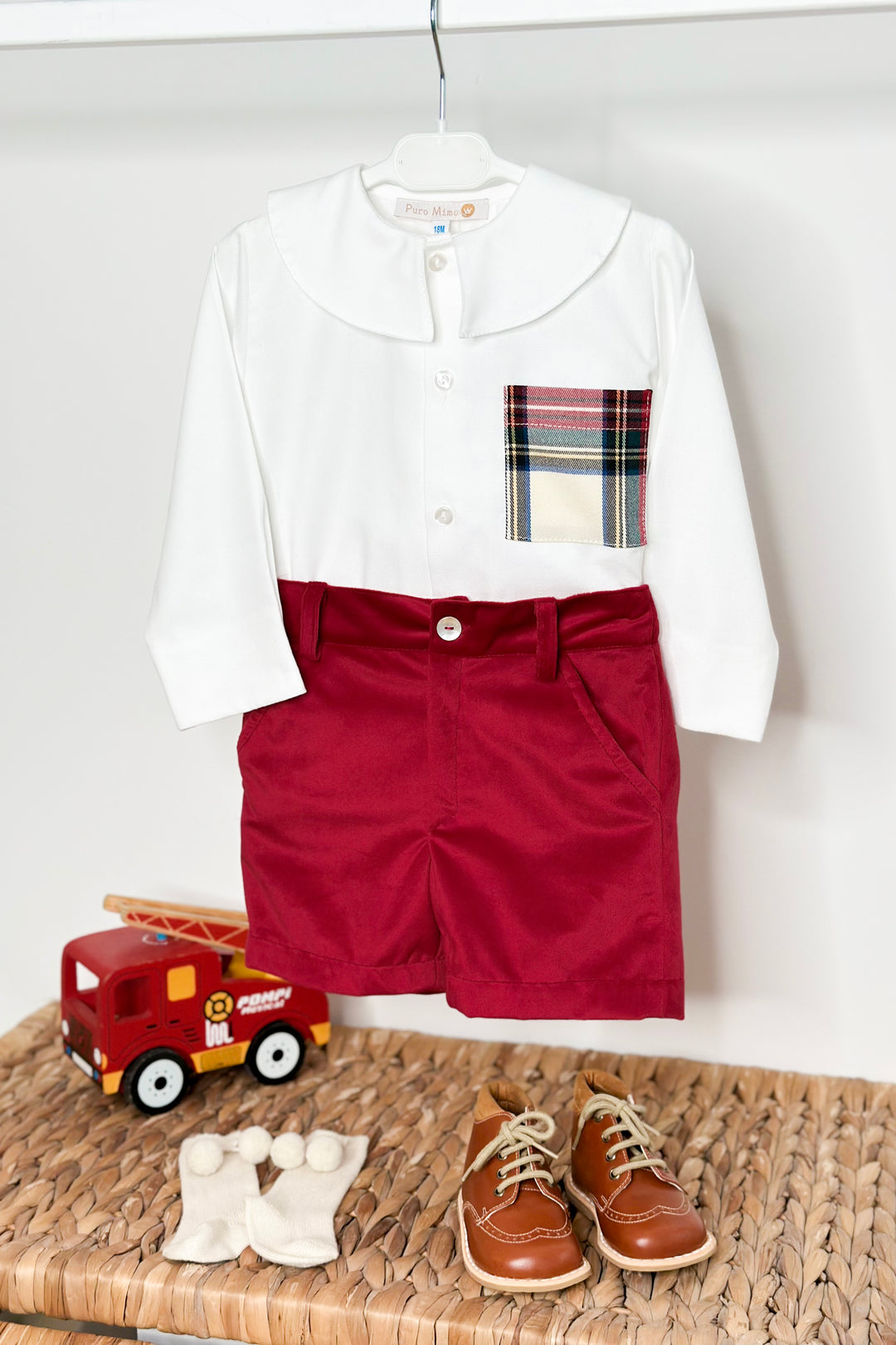 "Rupert" Tartan Shirt & Red Velvet Shorts