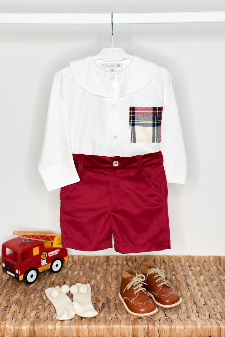 "Rupert" Tartan Shirt & Red Velvet Shorts