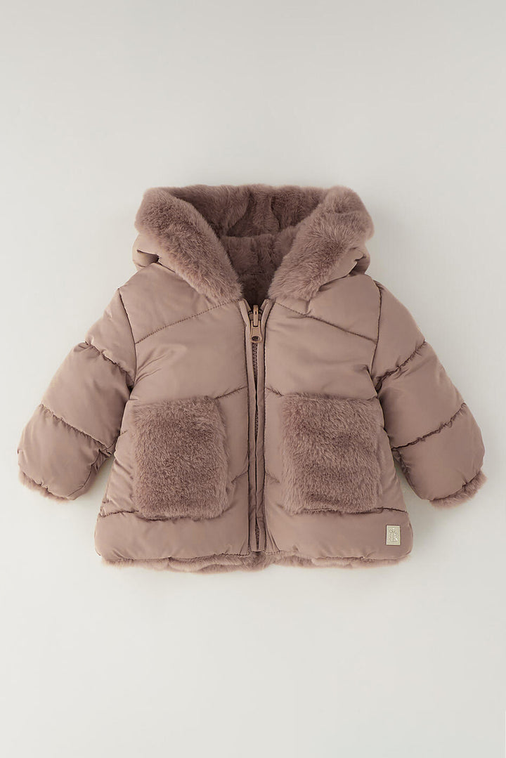 "Ozzie" Taupe Reversible Puffer &amp; Faux Fur Coat