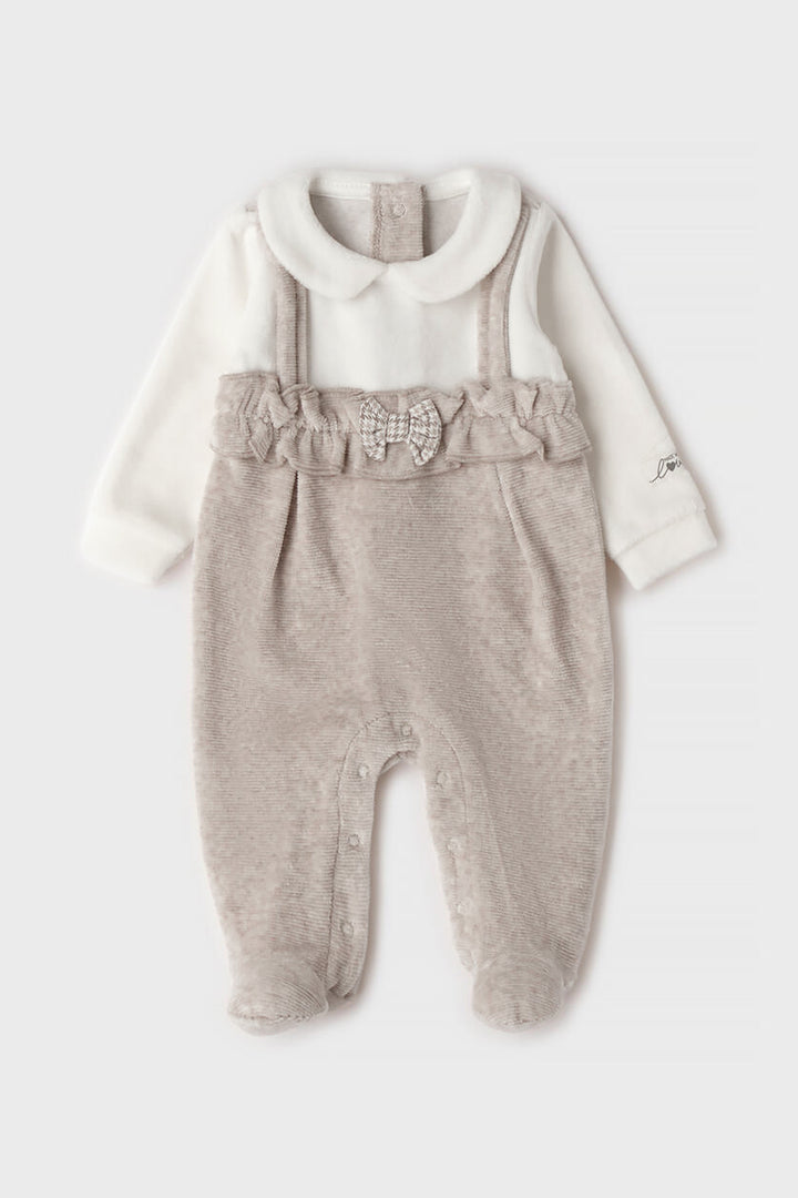 "Edith" Beige Houndstooth Bow Velour Sleepsuit