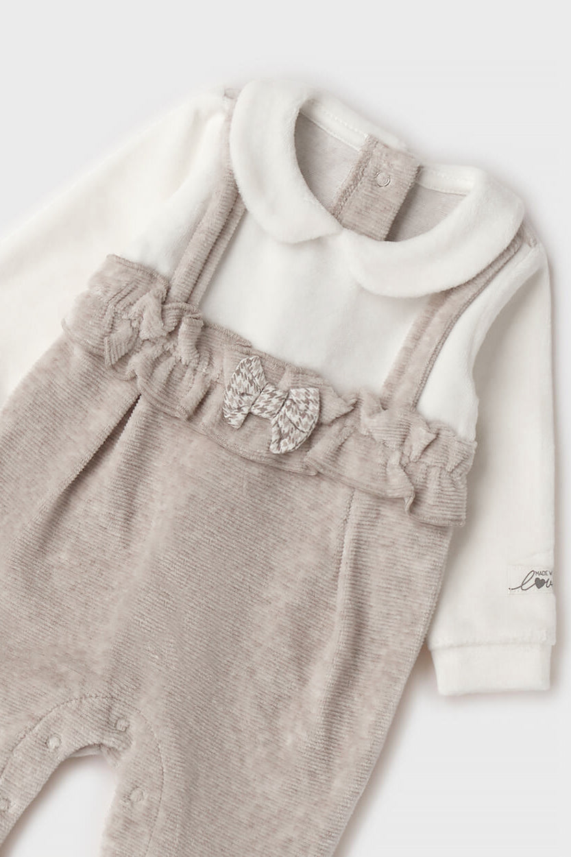 "Edith" Beige Houndstooth Bow Velour Sleepsuit