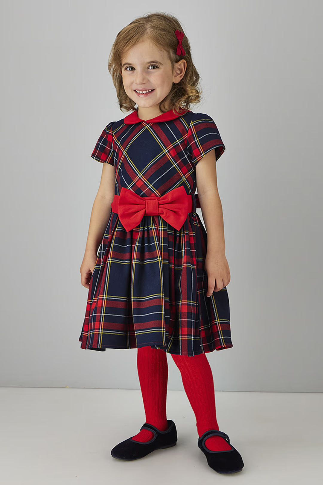"Arabella" Navy &amp; Red Tartan Bow Dress
