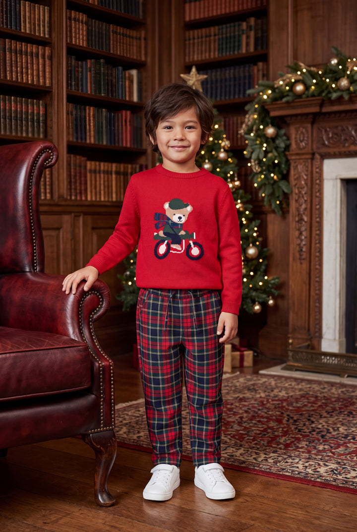 "Bertie" Red Bear Jumper &amp; Navy Tartan Trousers Set