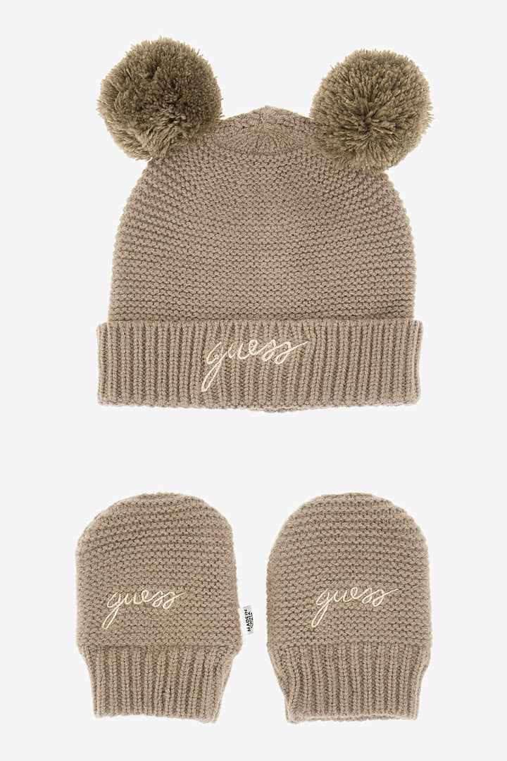 Beige Pom Pom Hat & Mittens