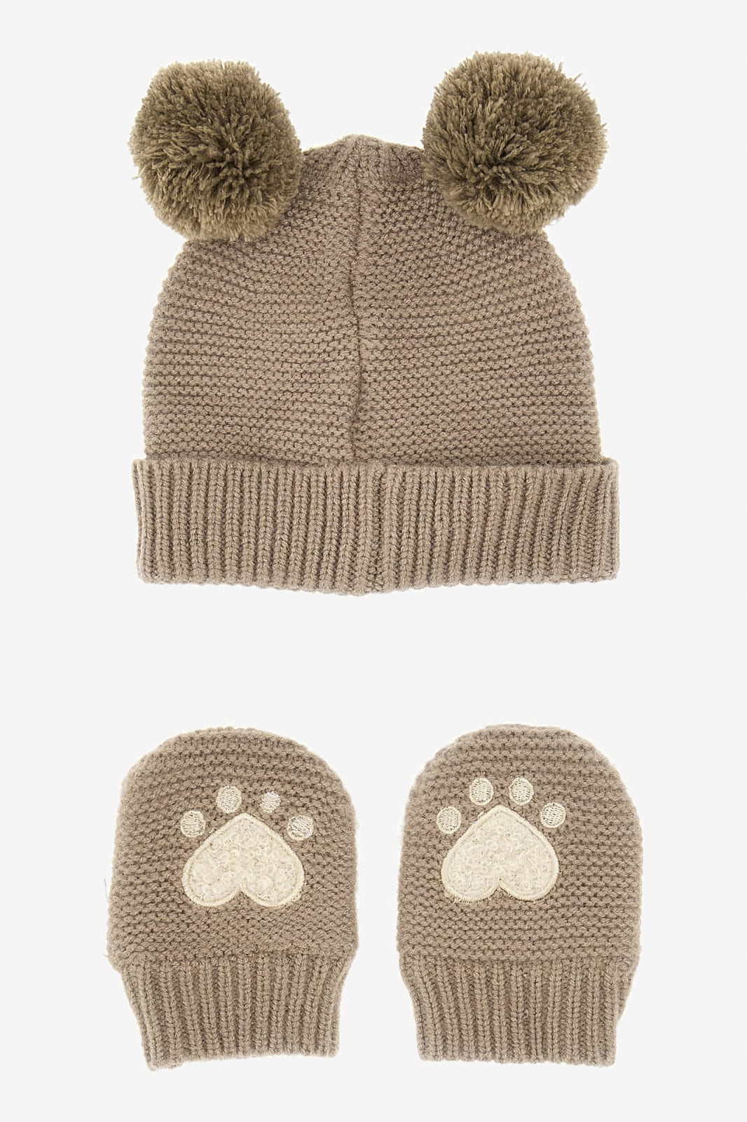 Beige Pom Pom Hat & Mittens