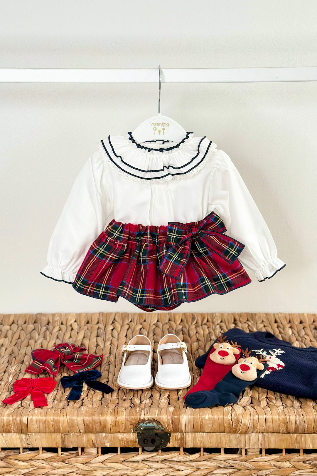 "Willow" Navy Reindeer Jumper, Blouse & Red Tartan Skort