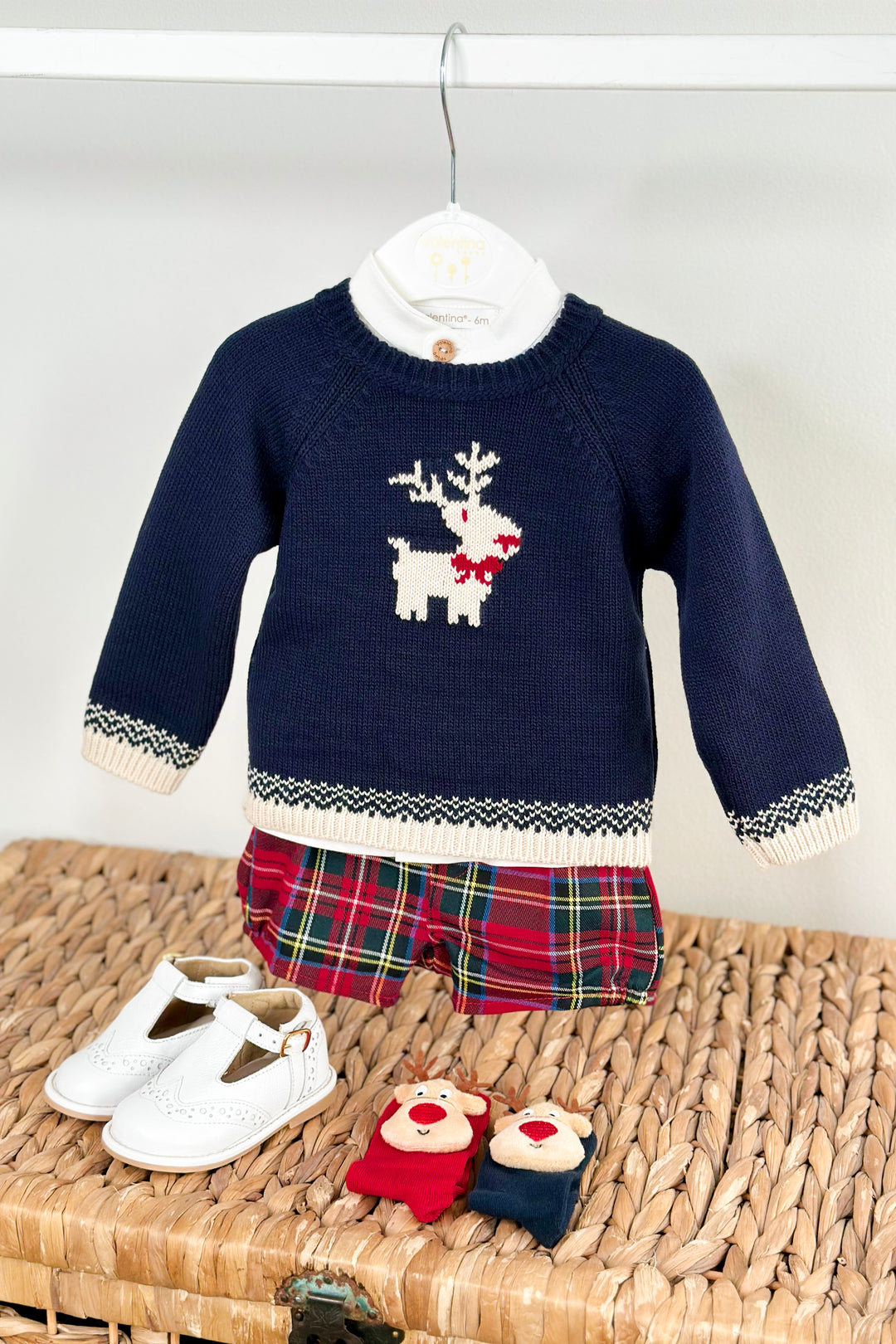 "Ezra" Navy Reindeer Jumper, Shirt & Red Tartan Shorts
