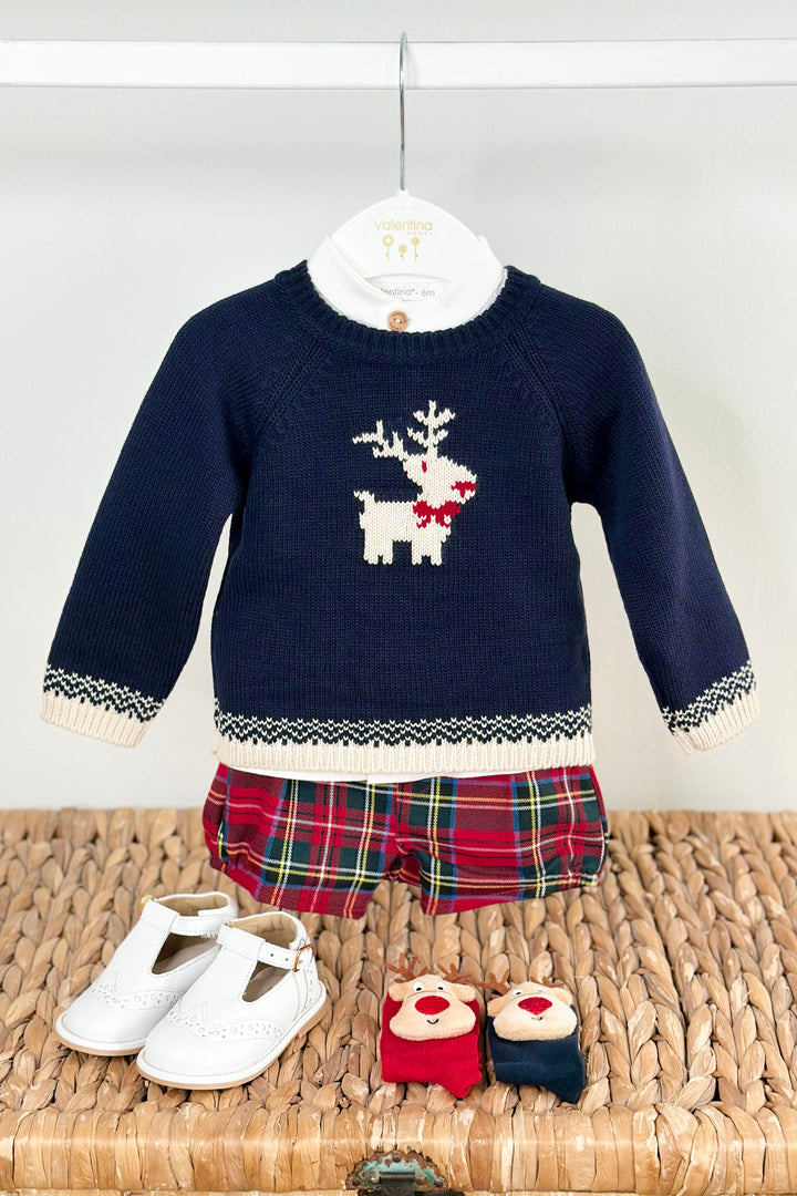 "Ezra" Navy Reindeer Jumper, Shirt & Red Tartan Shorts