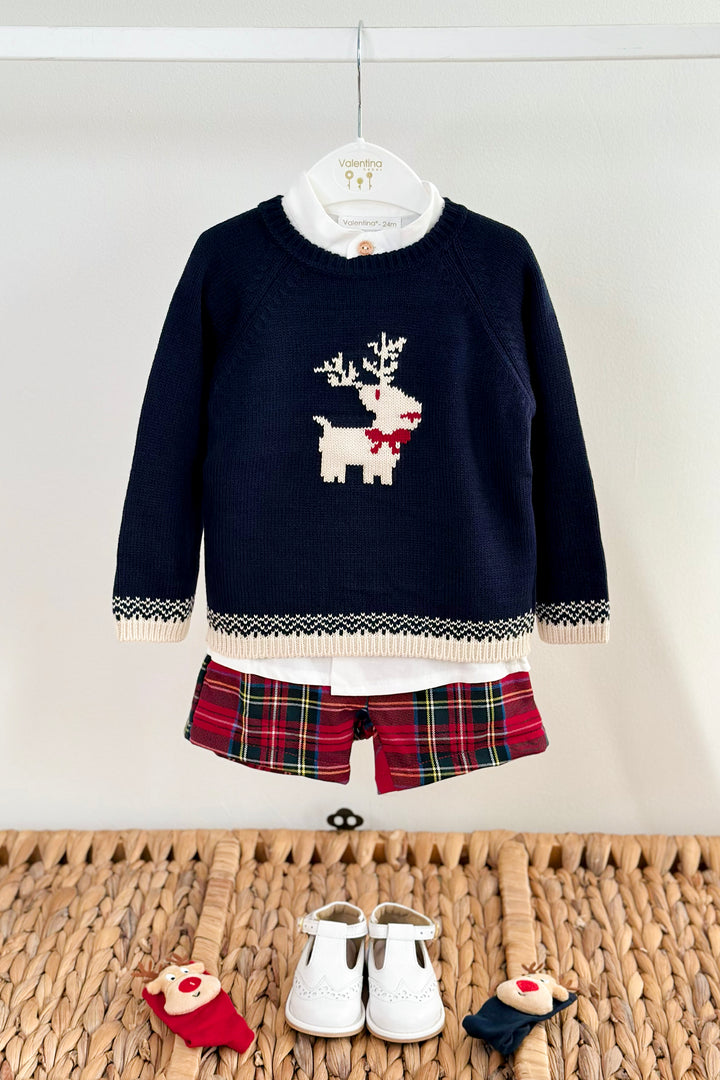 "Ezra" Navy Reindeer Jumper, Shirt & Red Tartan Shorts