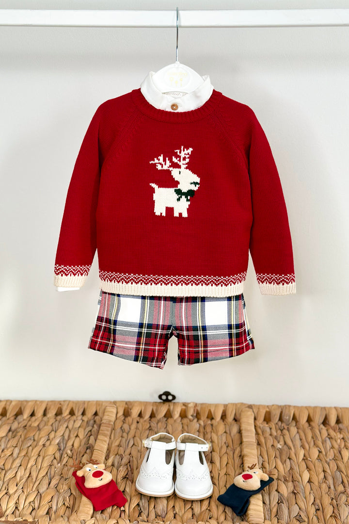 "Jacob" Red Reindeer Jumper, Shirt & Tartan Shorts