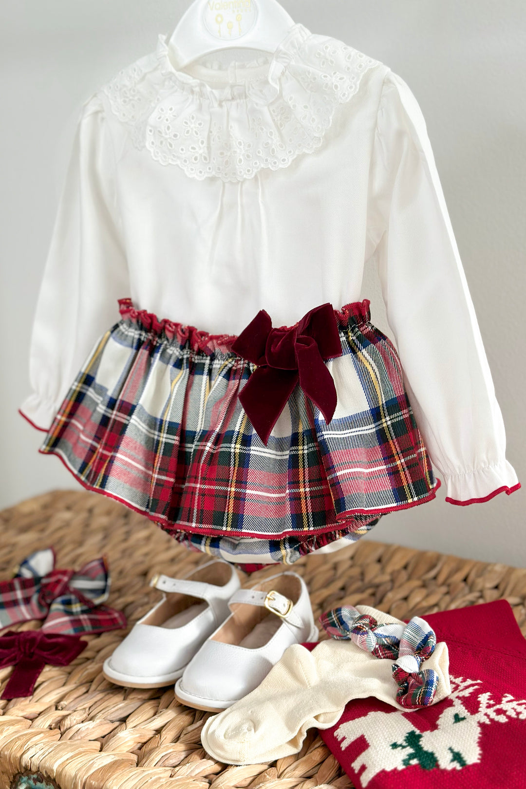 "Evelyn" Red Reindeer Jumper, Blouse & Red Tartan Skort