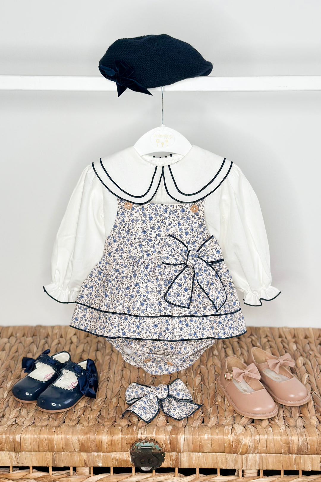 Valentina Bebés "Theodora" Dusky Blue Vintage Floral Romper Set | Millie and John