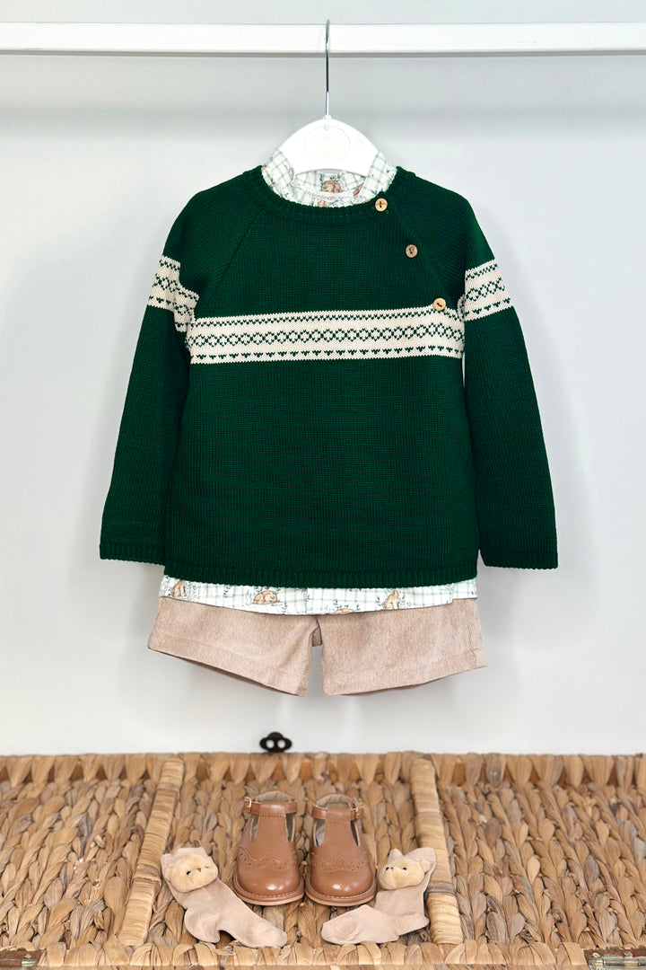"Austin" Bottle Green Jumper, Bear Shirt & Shorts